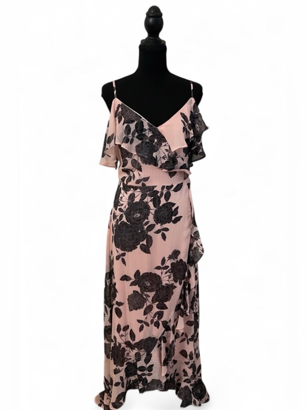London Times Fairy Pink Black Floral Maxi Dress Ruffled Wedding Guest Y2K, 10